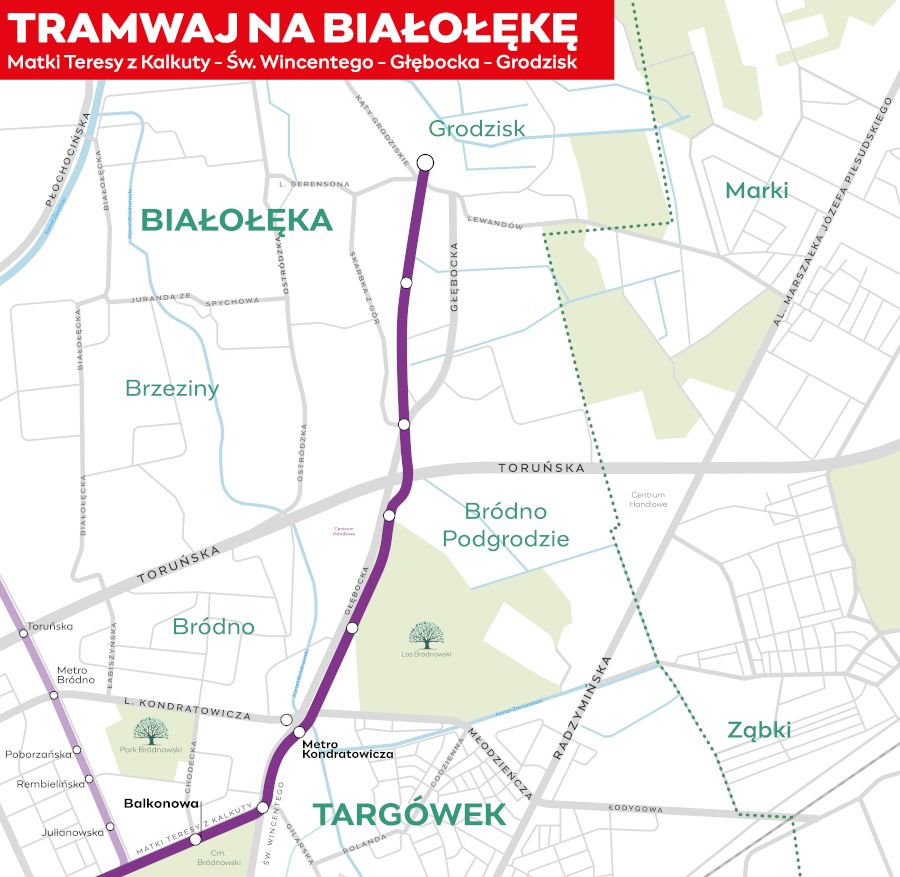 Tramwaj na Zieloną Białołękę mapa nowa fot. UM