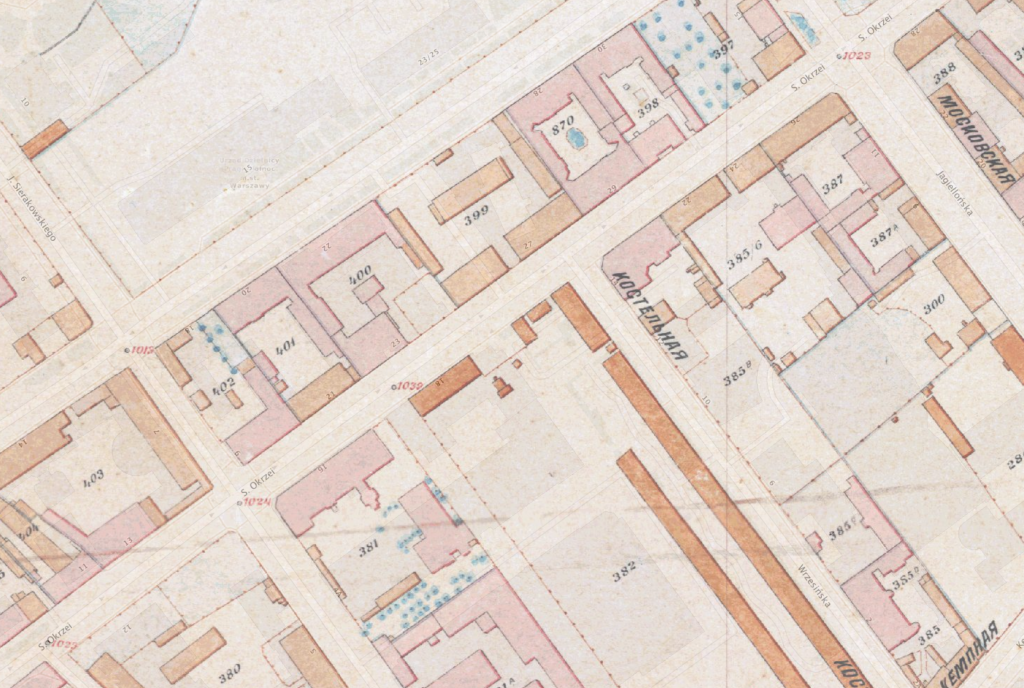 Plan Lindleya z lat 1897-1901. U zbiegu Okrzei z Wrzesińską (dawniej Kościelną) widoczny jest pomnik upamiętniający istnienie kościoła i cmentarza. Obraz z serwisu mapowego m.st. Warszawy. Foto ZDM